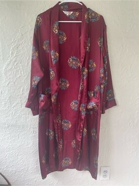 Burgundy silk robe with dragon and phoenix print, inner tie, no waist sash; OS